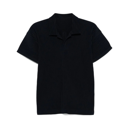 Issey Miyake Polohemd Navy Blue Plissé Effect Stretch Polo Shirt Black