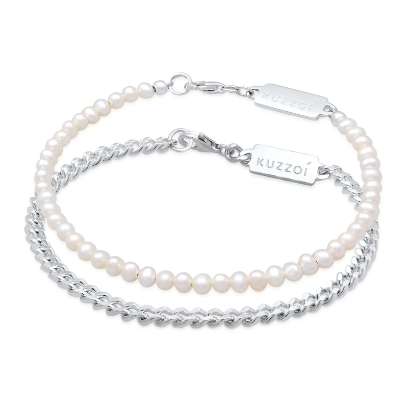 Kuzzoi Armband Armband Set Panzerkette Süßwasserzuchtperlen Weiß  silber