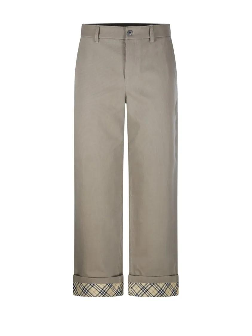 Thumbnail - Burberry - Relaxed Fit Cotton Pants With Check Pattern Cuffs - Größe 48 -
