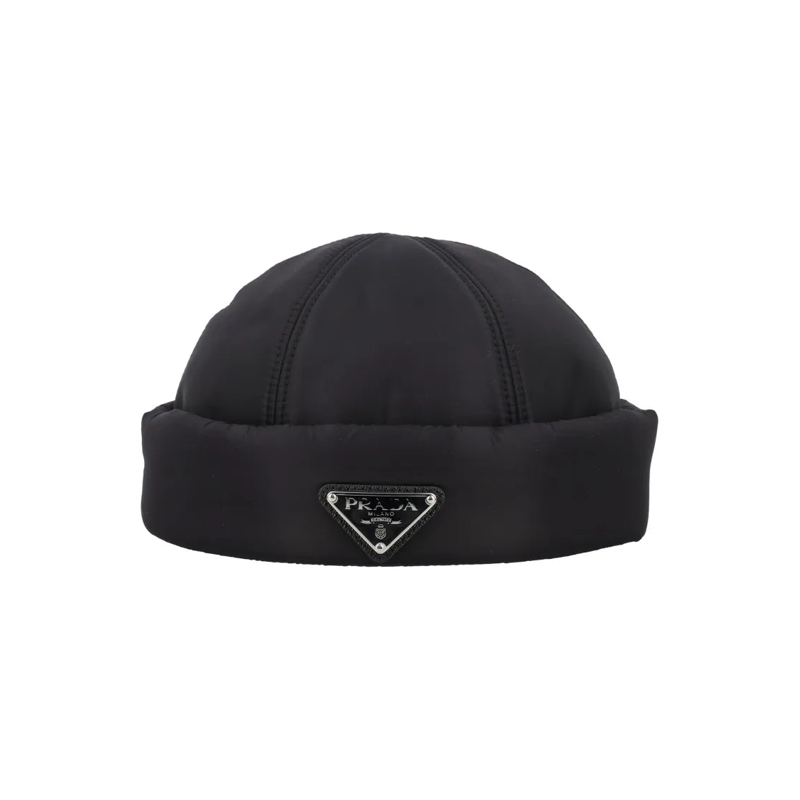 Prada Hut Fold-Over Nylon Beanie With Iconic Logo Plaque Black