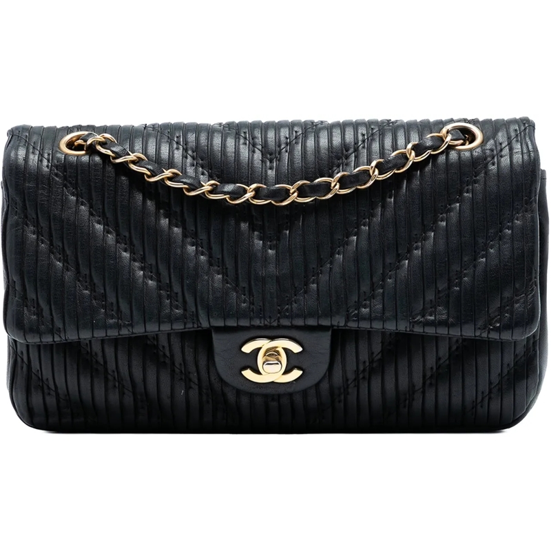 Chanel Schultertasche Medium Classic Chevron Calfskin Pleated Double Fla schwarz