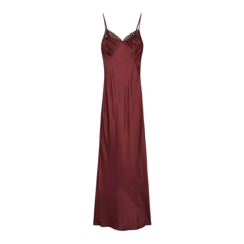 Twin-Set  Maxi Satin Dress With Lace Trim Burgundy
