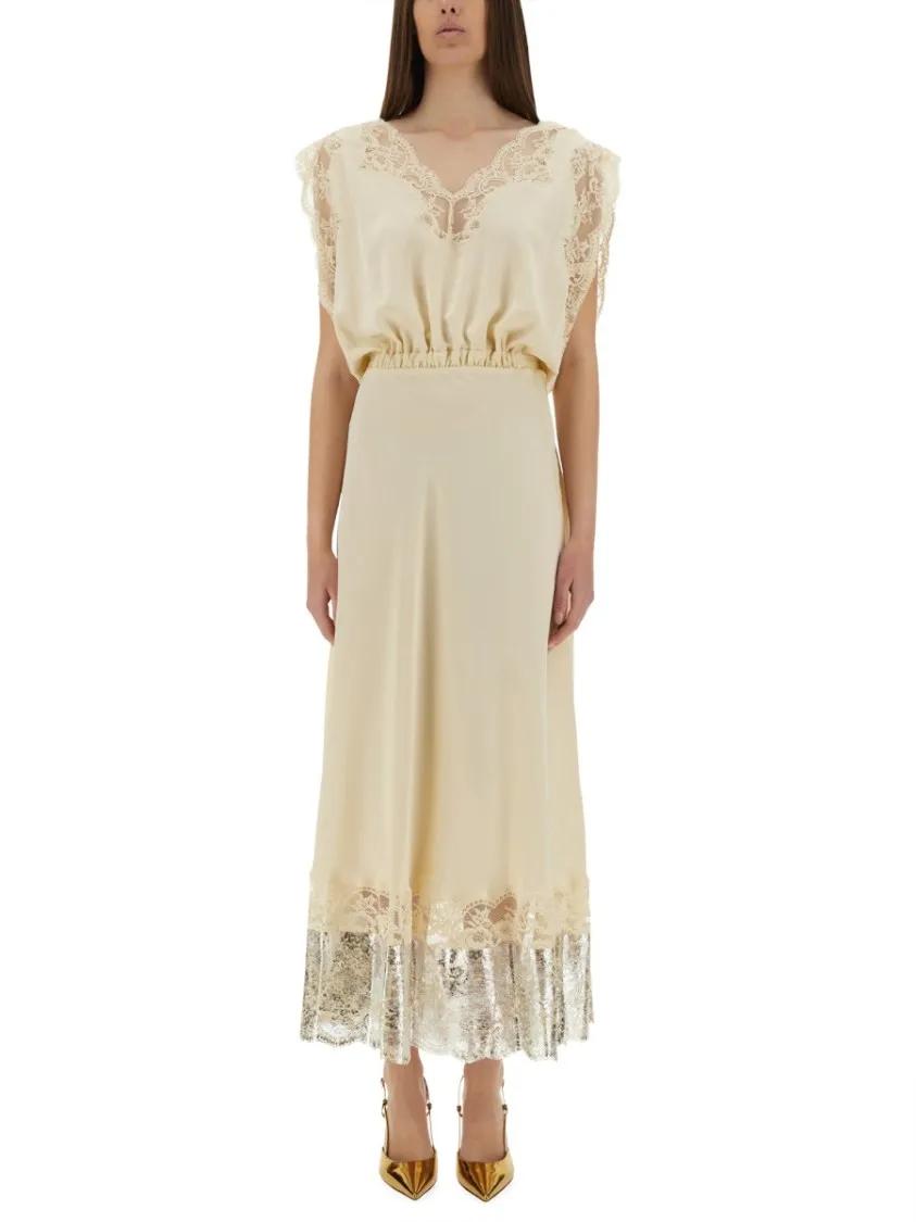Thumbnail - Paco Rabanne - Midi Dress Featuring Romantic Lace Inlays - Größe 36 - beige