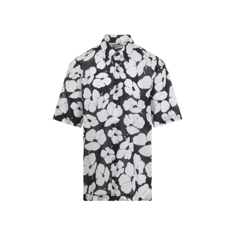 Dries Van Noten Chemise Short-Sleeve Black Cotton Shirt With Floral Patter White