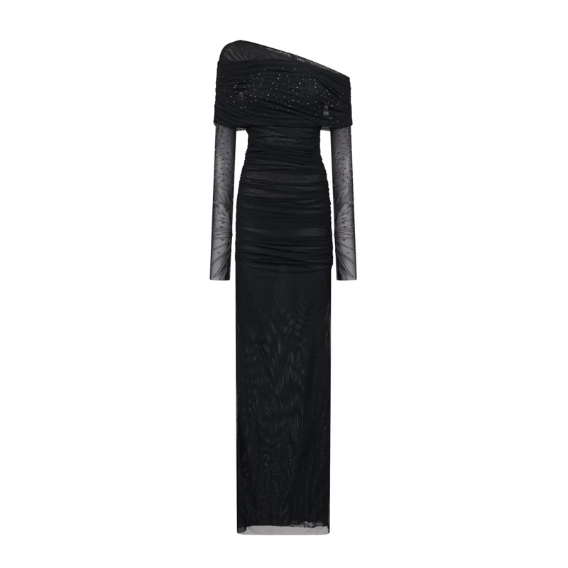 Amen  Asymmetrical Neckline Black Tulle Midi Dress Black