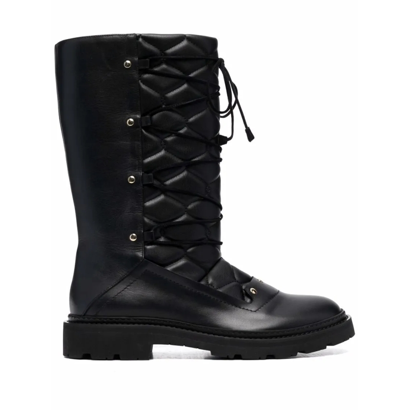 Bally Bottes Quilted Black Leather Ankle Boots With Lace-Up Des Black