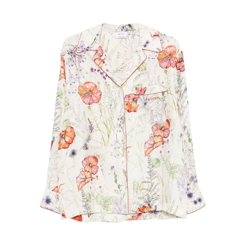 Alexander McQueen Overhemd Ivory Floral Print Shirt With Classic Collar Neutrals
