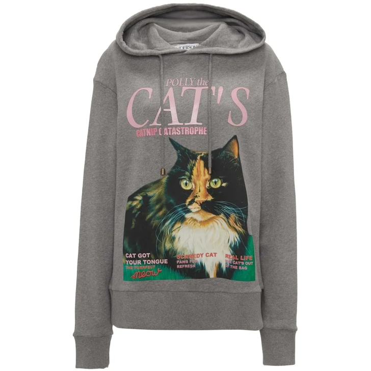 J.W.Anderson Graphic Print Grey Hoodie Sweater With Cat Design Grey Pullover