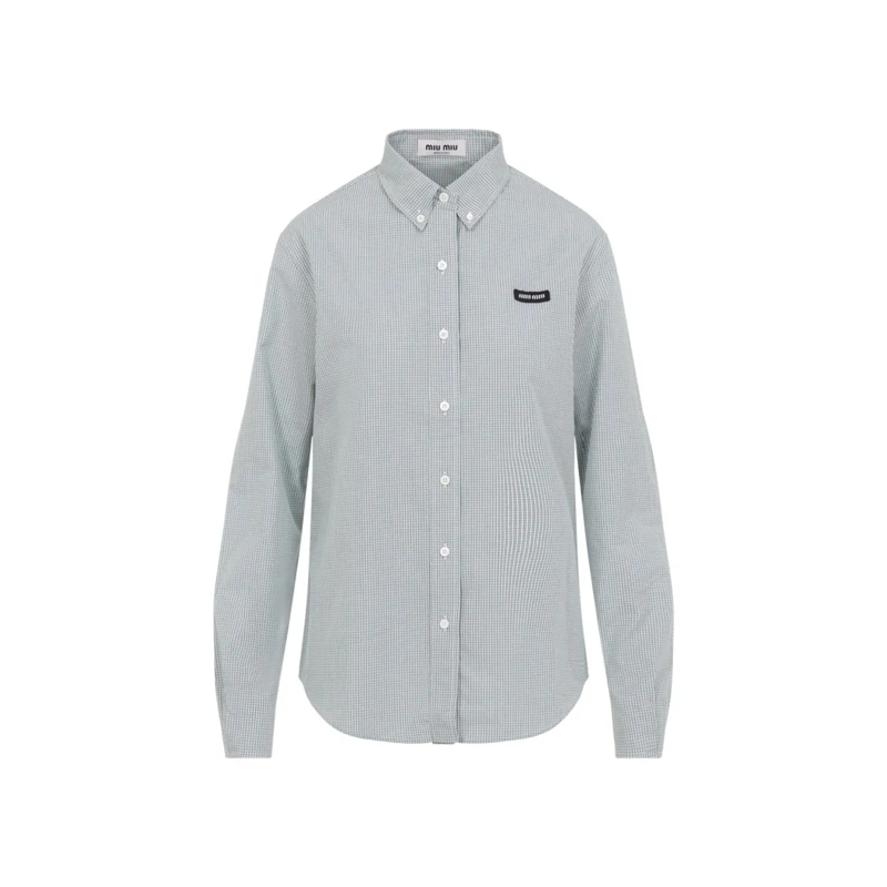 Miu Miu Overhemd Checkered Cotton Button-Down Shirt With Tailored F Green