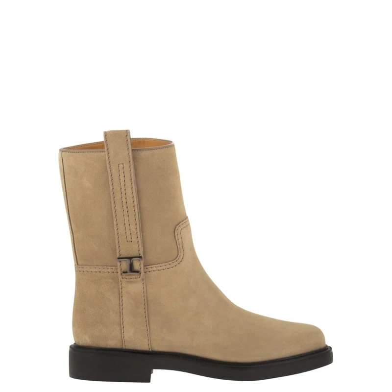 Tod's Bottes Suede Ankle Boot With T Accessory Neutrals