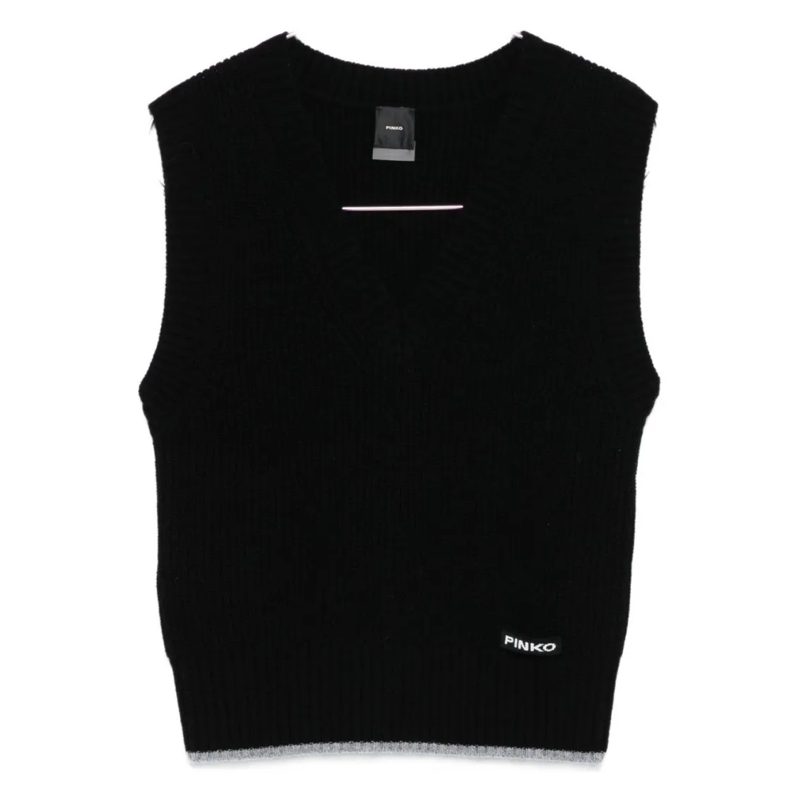 Pinko Pull Ribbed Knit Sleeveless Sweater With V-Neckline Black