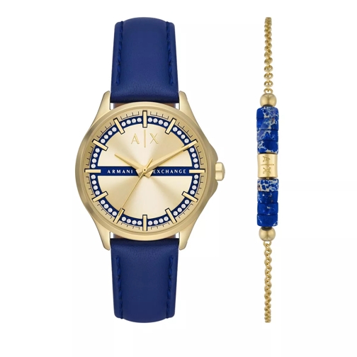 Armani Exchange Three-Hand Leather Watch and Brace Blue Quartz Horloge