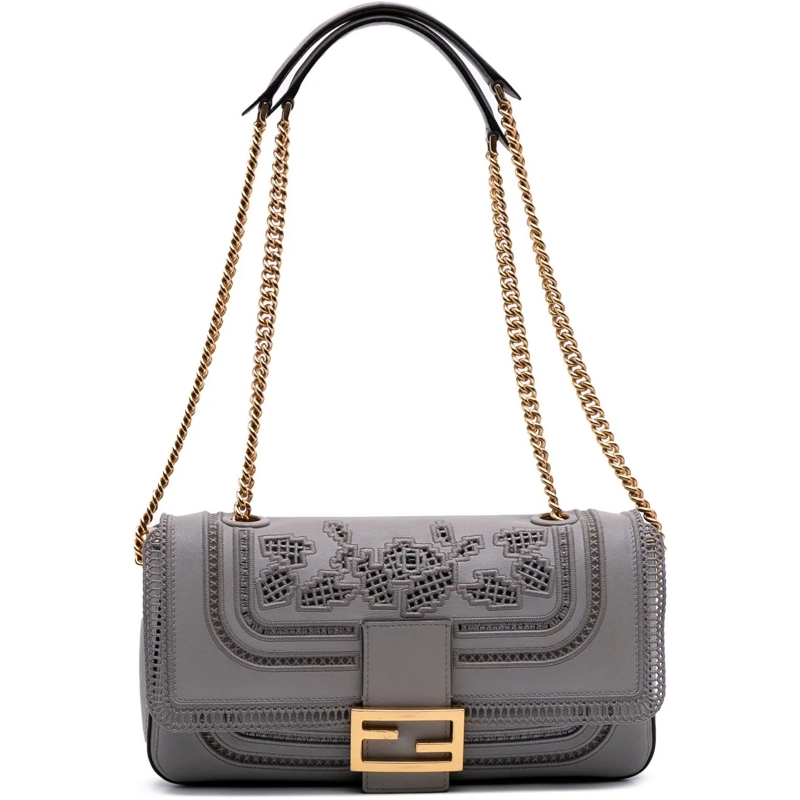 Fendi Schultertasche Embroidered Lace Leather Baguette Chain grau