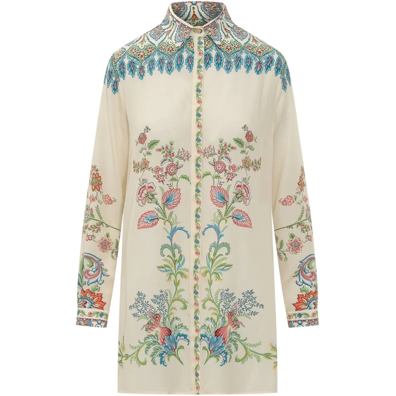 Etro Chemisier Camicia Lunga con Stampa Floreale weiß