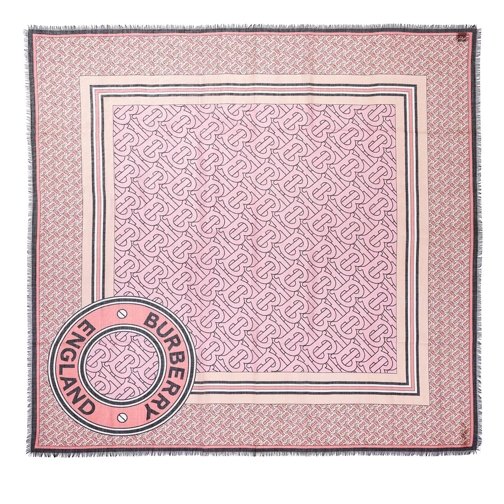 Burberry Monogram Print Wool Silk Large Square Scarf Candy Pink Leichter Schal