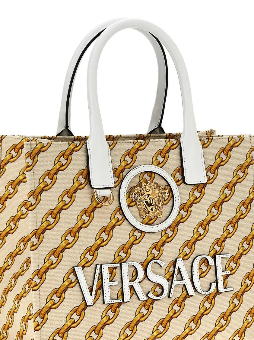 Versace Shoppers & Totes Small 'Chain Stripes La Medusa' Shopping Bag in beige