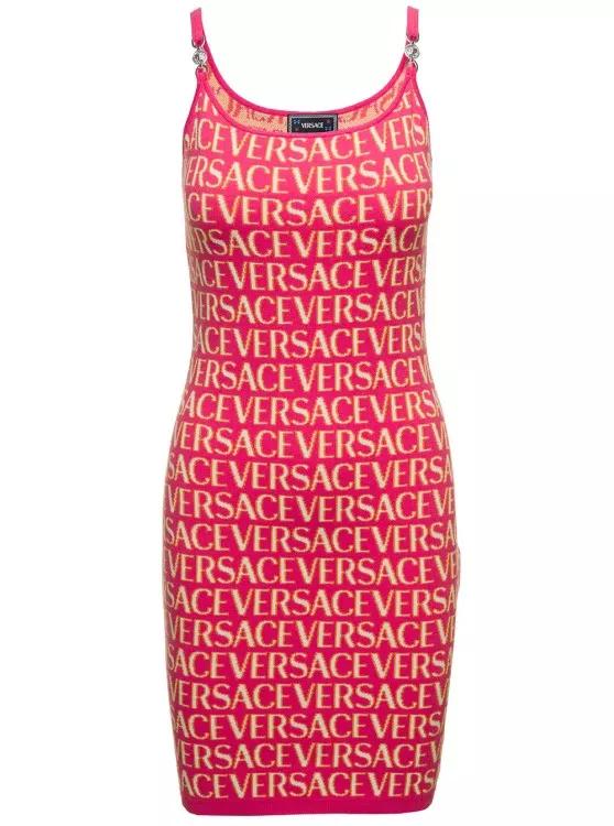 Versace - Mini Fuchsia Dress With All-Over Logo Lettering Pr - Größe 40 - pink