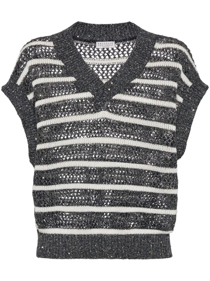 Thumbnail - Brunello Cucinelli - Sleeveless V-Neck Knitwear With Ribbed Trim - Größe XS - grau