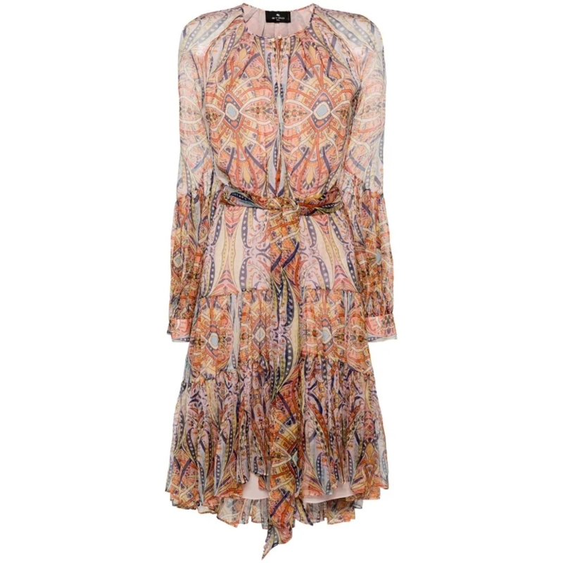 Etro Midi-jurk Silk Chiffon Graphic Print Dress Brown