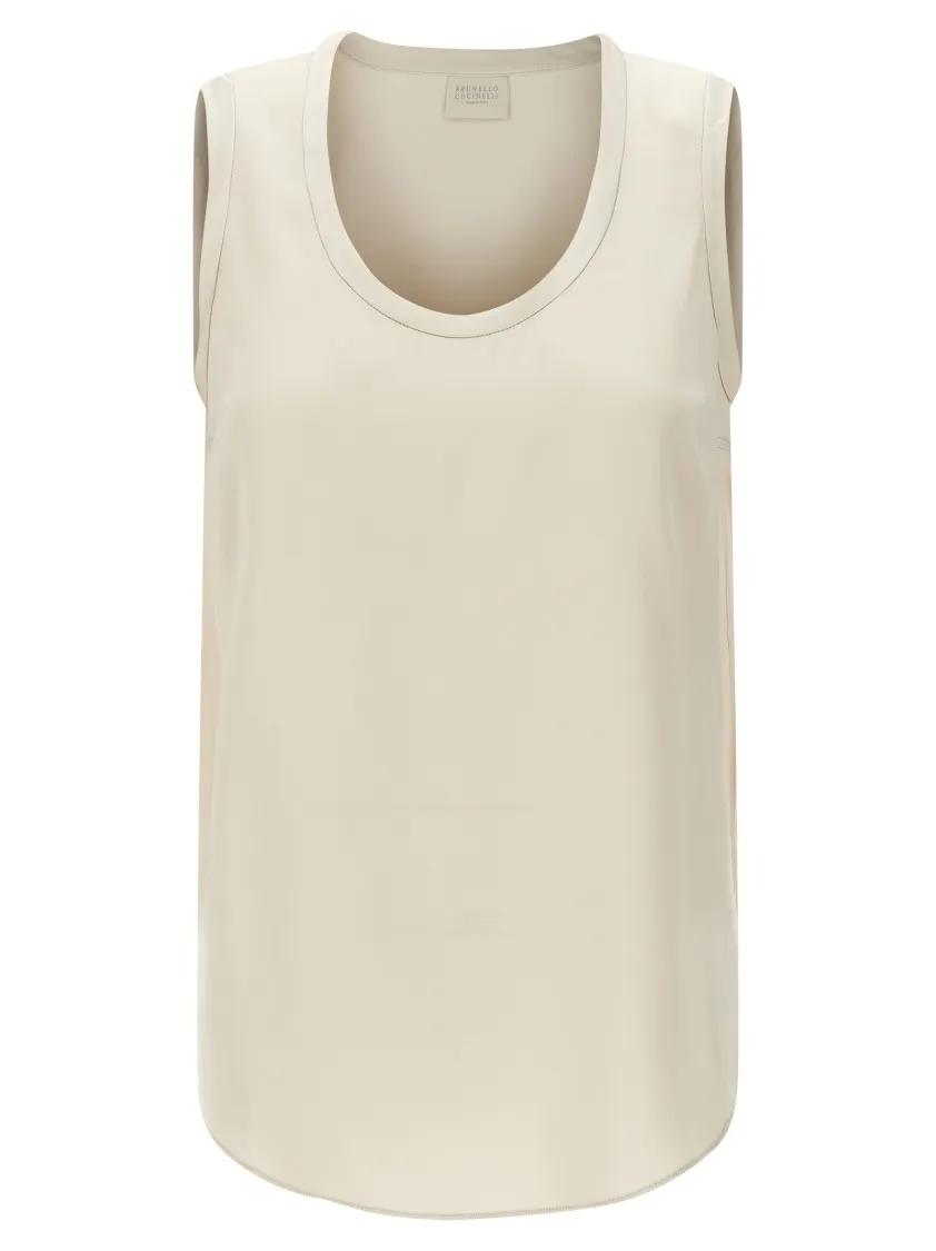 Thumbnail - Brunello Cucinelli - Sleeveless Stretch Silk Top With Round Neckline - Größe L - beige