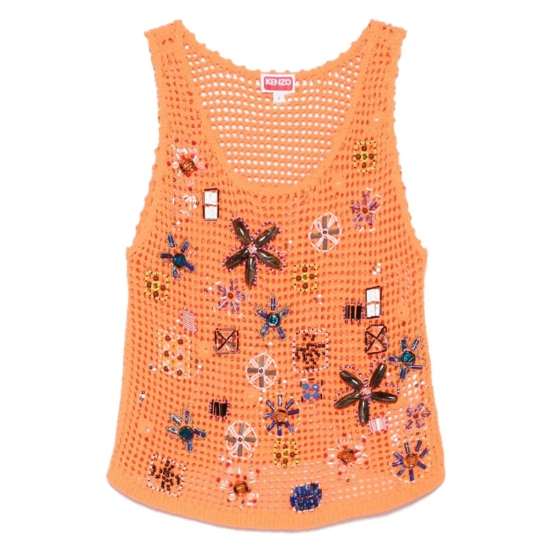 Kenzo Blouse Scoop Neck Burnt Orange Crochet Top Orange