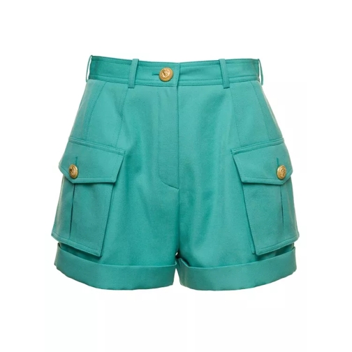 Balmain Light Blue Shorts With Cuff And Jewel Buttons In W Blue Shorts