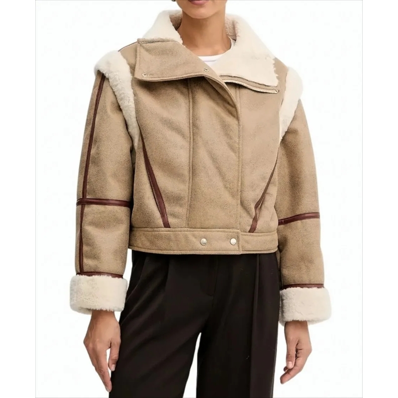 Boss Winterjas Beige Faux Leather Coat With Detachable Sleeves White
