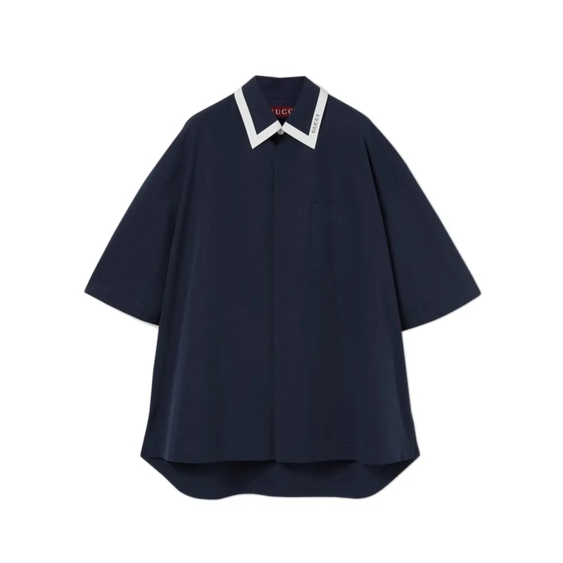 Gucci Chemise Short-Sleeve Classic Fit Blue Cotton Shirt Black