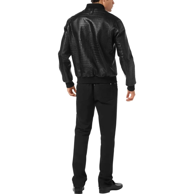 BILLIONAIRE Lederjacke Leder-Bomber Cocco Crocco Geprägt schwarz(Image 2)