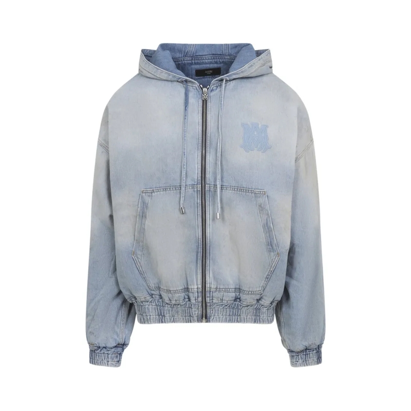 Amiri Spijkerjasje Light-Wash Denim Jacket With Zip-Up Front And Hood Grey