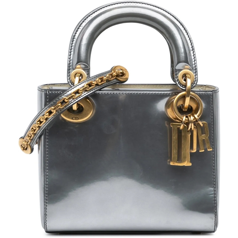 Christian Dior Schultertasche Mini Metallic Patent Lady Dior silber