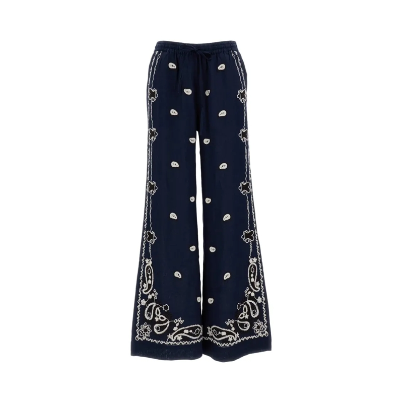 P.A.R.O.S.H.  Embroidered Wide-Leg Linen Trousers With Adjustabl Blue
