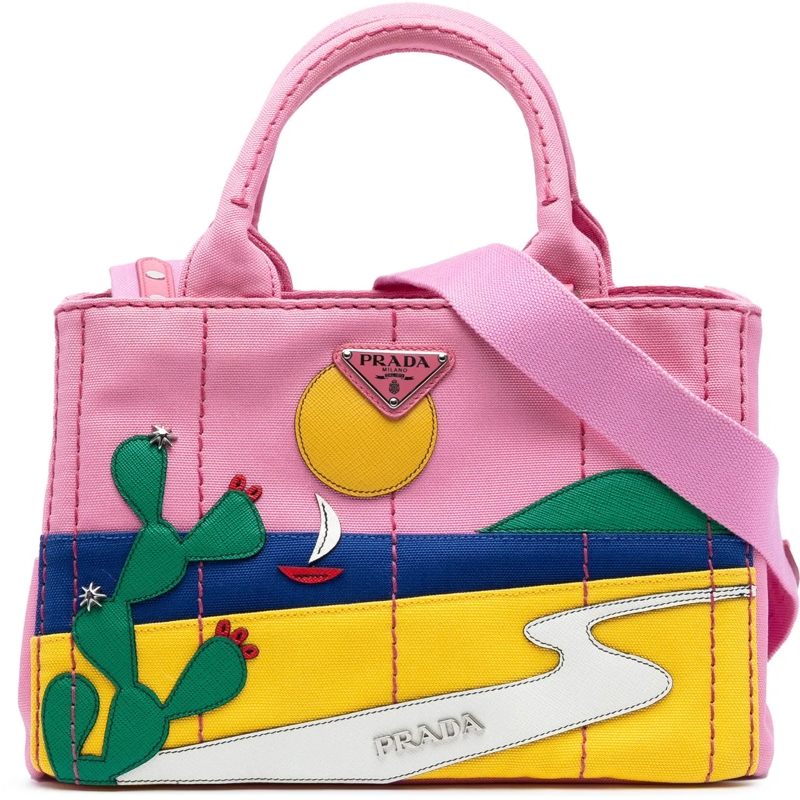 Prada Sac à bandoulière Small Canvas Canapa Desert Motif Patch Satchel rose