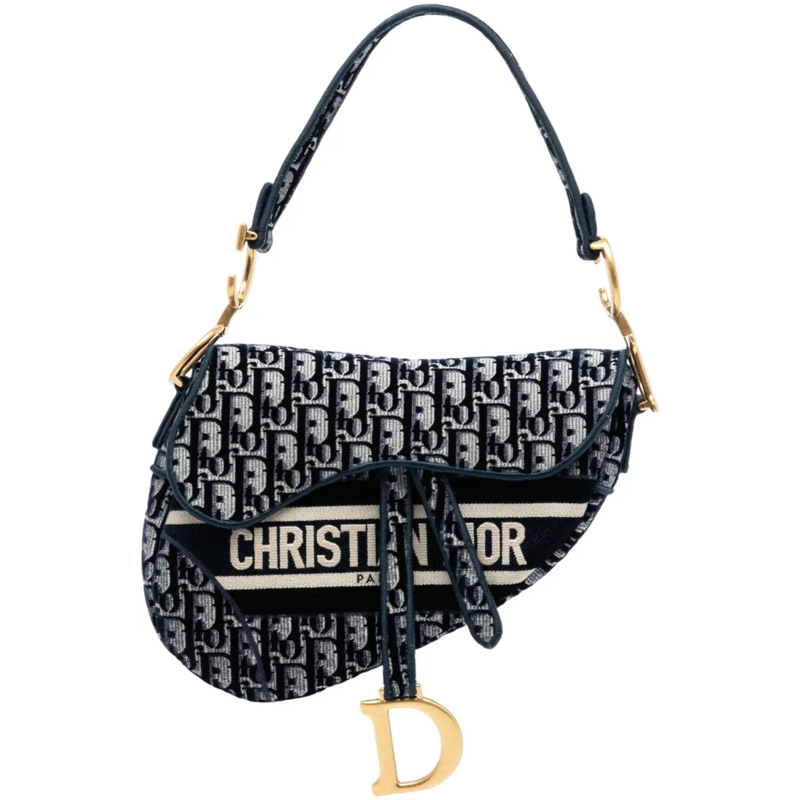 Christian Dior Schultertasche Oblique Embroidered Velvet Saddle Bag blau