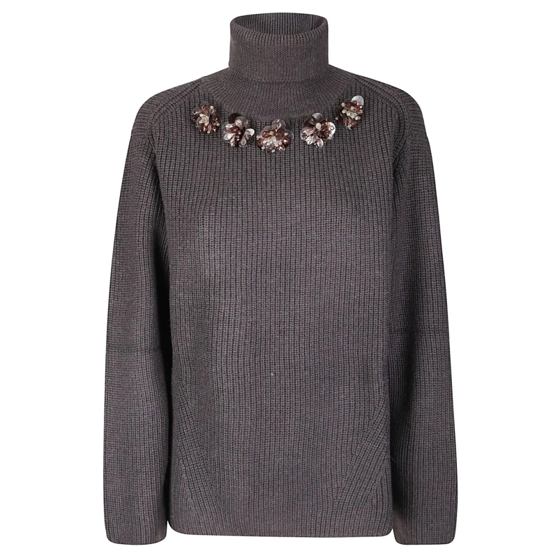 P.A.R.O.S.H. Pull à col roulé Medium Knit Wool Sweater With Floral Embellishment Grey