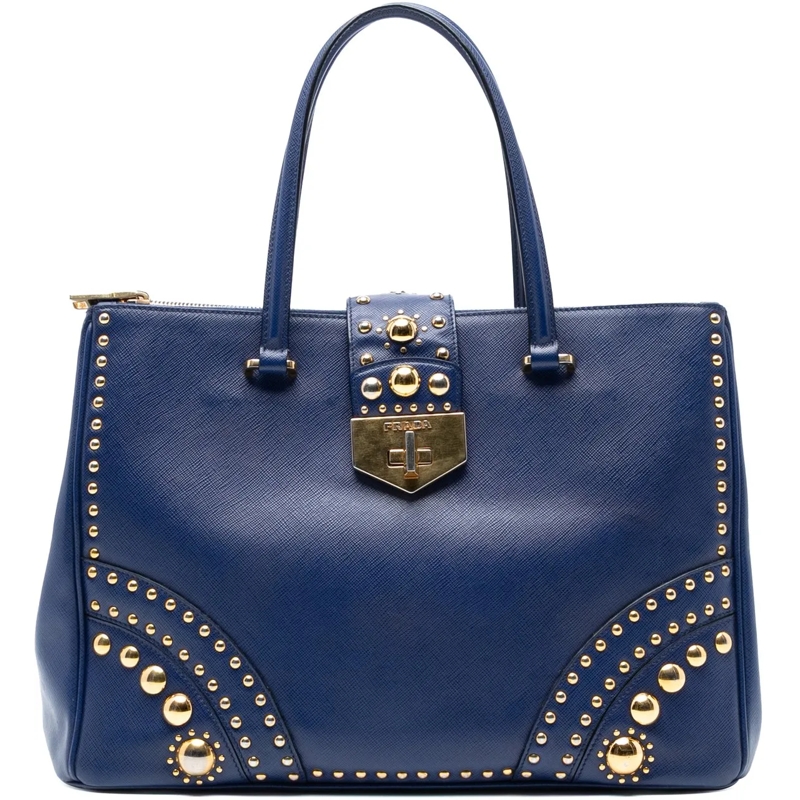 Prada Schultertasche Saffiano Turnlock Double Zip Studded Tote blau