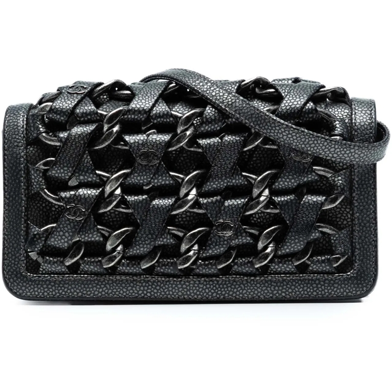 Chanel Sac à bandoulière CC Metallic Caviar Interlaced Chain Clutch on Stra schwarz