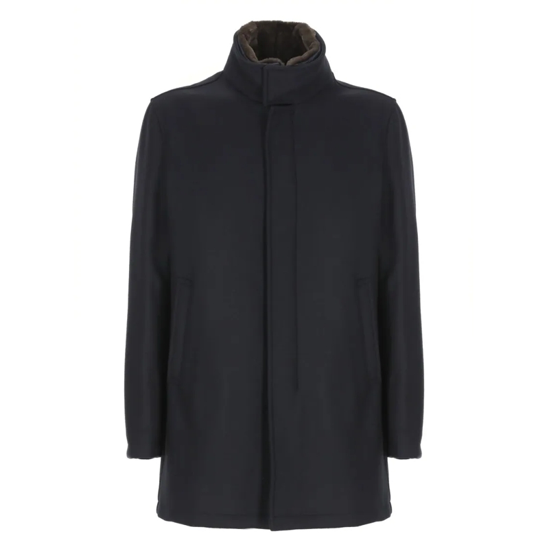 Herno Parka Structured Blue Wool Coat With High Neck Blue
