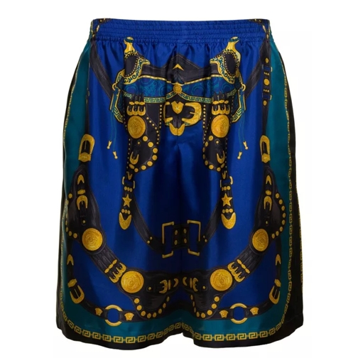 Versace Blue Shorts With Harness Print In Silk Blue Shorts i siden