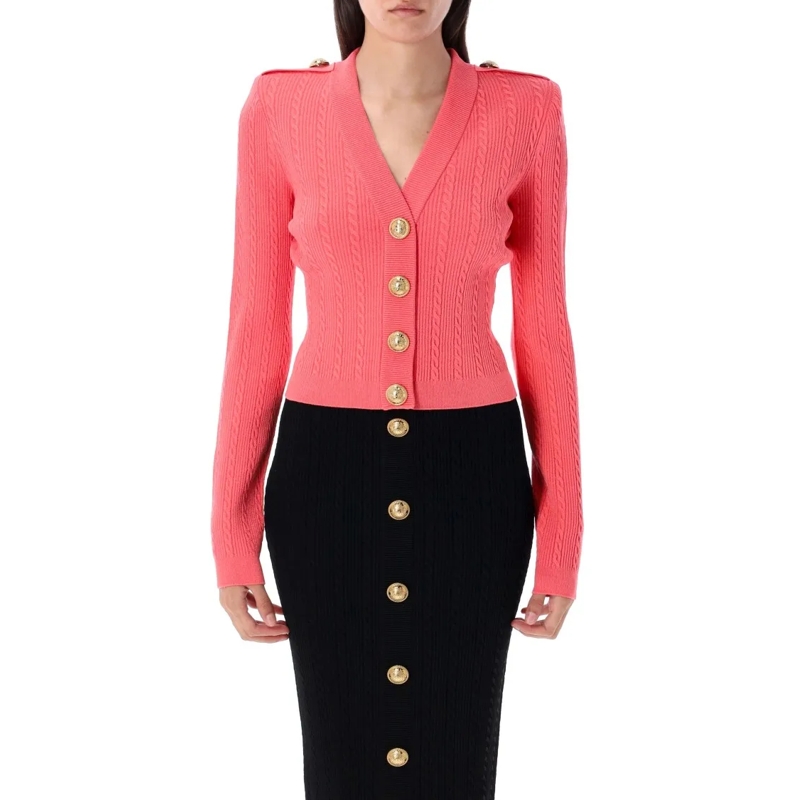 Balmain Strickjacke Long Sleeves Ribbed And Cable-Knit Cardigan Pink
