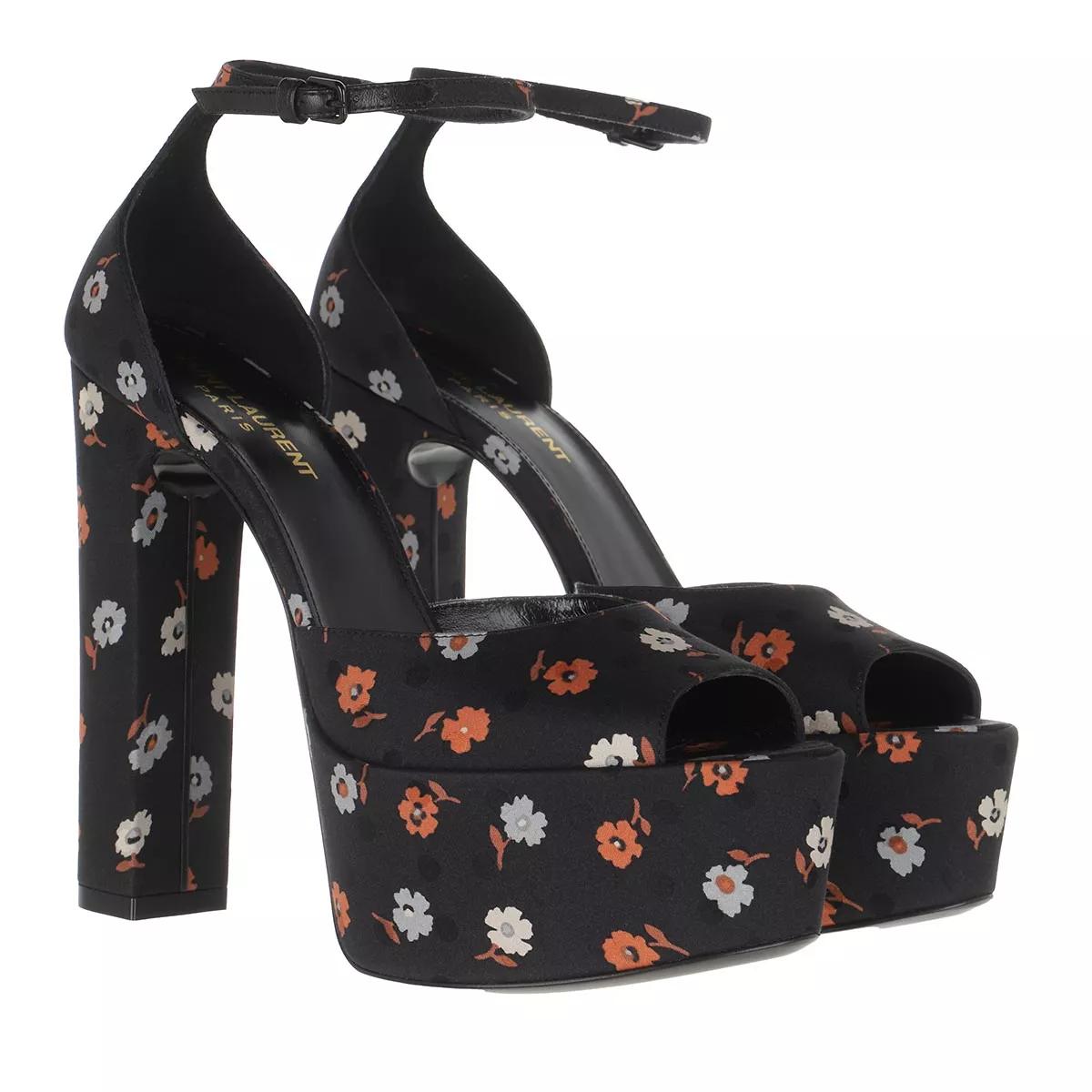 Saint Laurent Jodie Peeptoe Platform Sandals Floral Satin Black High Heel