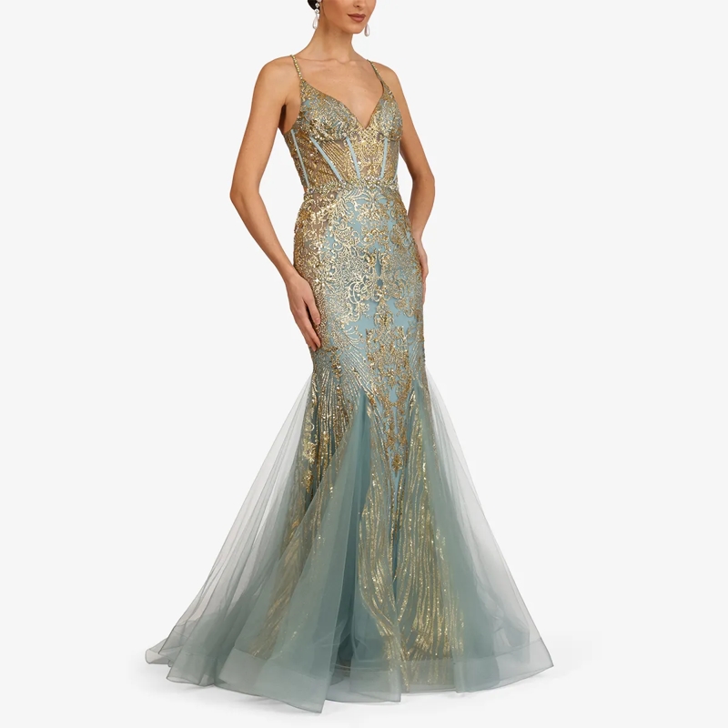 Kraimod Abendkleid Elegantes Abendkleid mit tiefem V-Ausschnitt und s türkis-gold(Image 2)