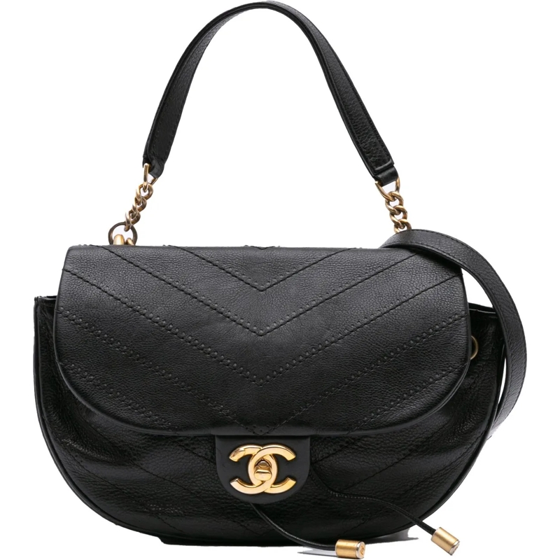Chanel Sac à bandoulière CC Chevron Lambskin Round Flap Satchel schwarz