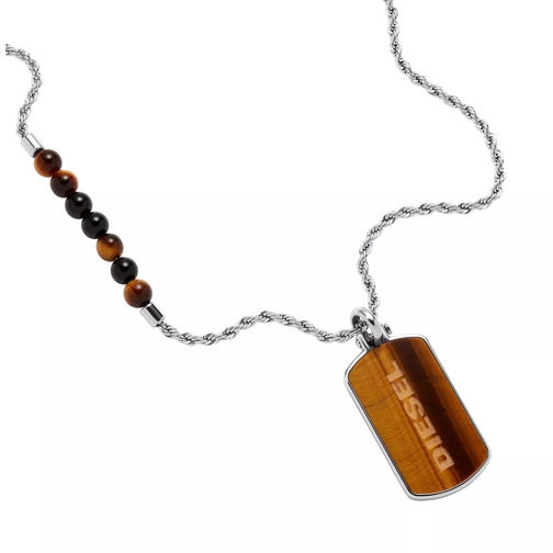 Diesel Tiger's Eye and Stainless Steel Dog Tag Neck Silver Collana lunga