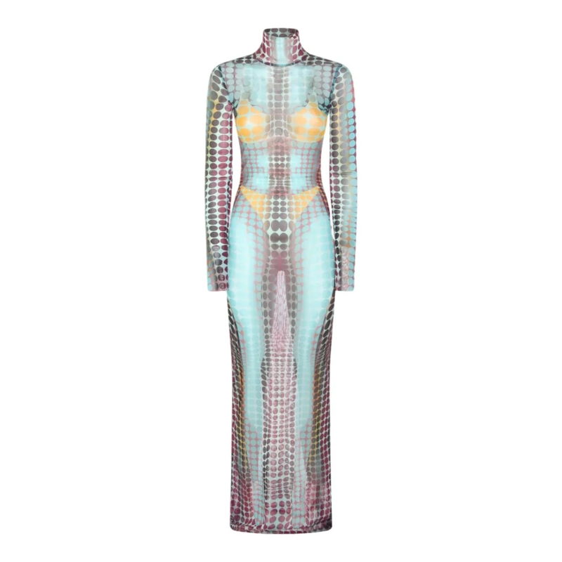 Jean Paul Gaultier  Bodycon Full-Length Dress With Distinctive Dot Pat Grey