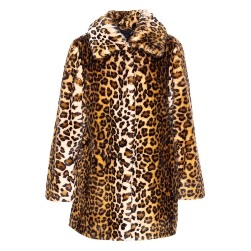 LIU JO  Mid-Length Leopard Print Faux Fur Coat Brown
