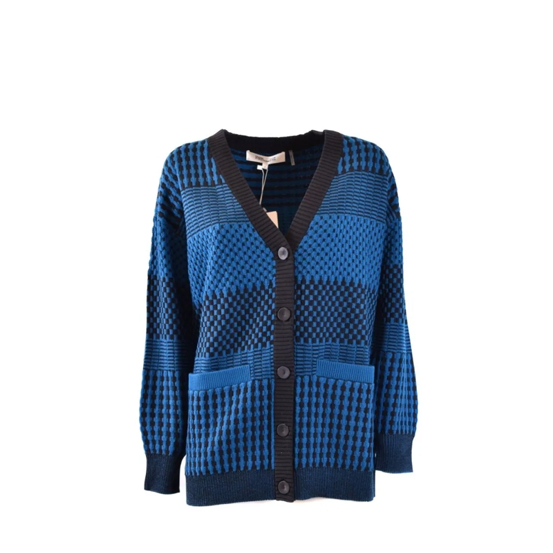 Diane von Furstenberg Vest Textured Knit Cardigan With Button Closure And Fro Blue