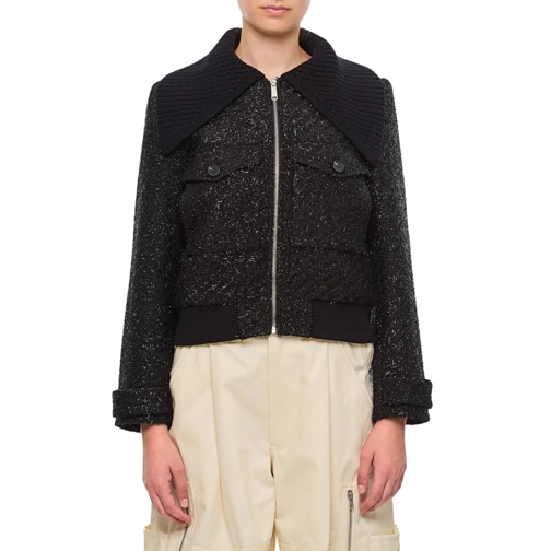 Self Portrait Tinsel Boucle Bomber Jacket Black Bomber