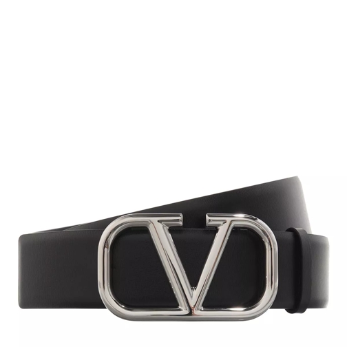 Valentino Garavani V Buckle Belt Calfskin Black Silver Leather Belt