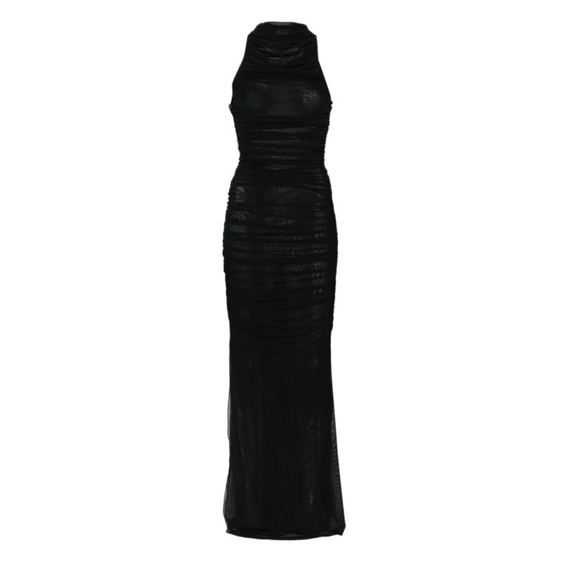 Amen Avondjurk Long Semi-Sheer Mesh Dress Black